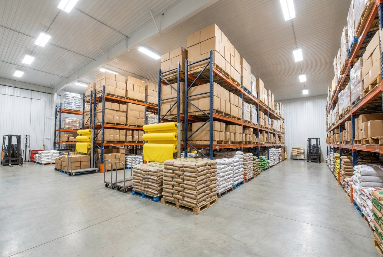 Estoque de produtos e cortinas da AgroTop Rural
